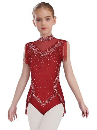 Fldy Mädchen Turnanzug Glitzer Strass Gymnastik Trikot Ärmelloser Mesh Tanzbody Eislaufen Ballett Leotard Mit Quasten Burgundy 134-140 von Fldy