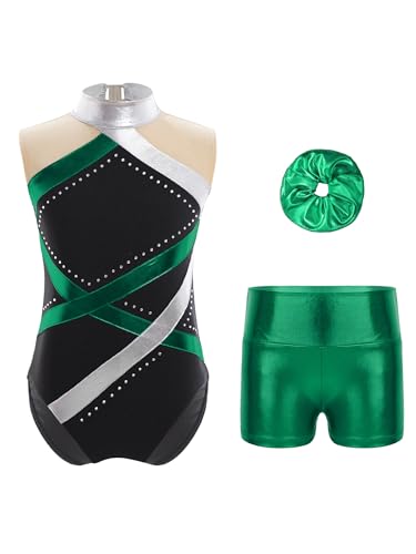 Fldy Mädchen Turnanzug Mit Shorts Haargummi 3 Teiler Set Glitzer Gymnastikanzug ärmellos Trikot Kurzer Hose Tanzkleidung Set Grün 158-164 von Fldy