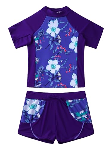 Fldy Mädchen UV Badeanzug 2-Teiliger Kurzarm Oberteil Shorts Kurze Hose Set UPF 50+ Bademode Kinder Schwimmbekleidung Strandmode Lila Blumen_A 110-116 von Fldy