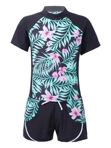 Fldy Mädchen UV Badeanzug 2-Teiliger Kurzarm Oberteil Shorts Kurze Hose Set UPF 50+ Bademode Kinder Schwimmbekleidung Strandmode Sommerlilie-Rosa_A 110-116 von Fldy