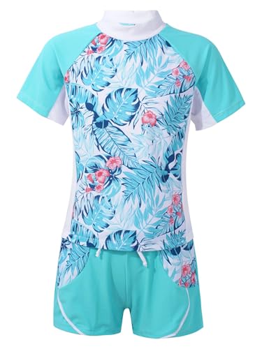 Fldy Mädchen UV Badeanzug 2-Teiliger Kurzarm Oberteil Shorts Kurze Hose Set UPF 50+ Bademode Kinder Schwimmbekleidung Strandmode Tropisch-Blätter_A 110-116 von Fldy