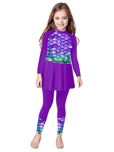 Fldy Mädchen UV Badeanzug Langarm Badeoberteil Kleid Hose 2er Set Kinder Rashguard Bademode Badebekleidung Sonnenanzug Violett 158-164 von Fldy
