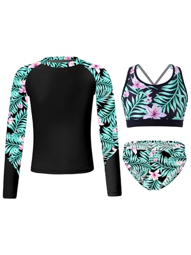 Fldy Mädchen UV Schutz Badeanzug Langarm Kinder Rash Guard Set Shirt Bikini Tankini Oberteil Slip Set Sonnenschutz Schwimmbekleidung Lilie 146-152 von Fldy