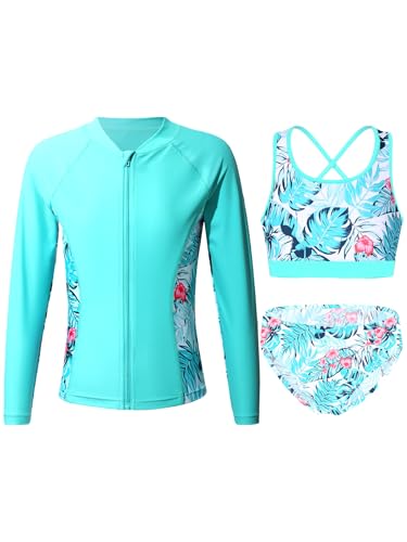 Fldy Mädchen UV Schutz Badeanzug Langarm Kinder Rash Guard Set Shirt Bikini Tankini Oberteil Slip Set Sonnenschutz Schwimmbekleidung Reißverschluss-Blatt 134-140 von Fldy