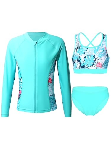 Fldy Mädchen UV Schutz Badeanzug Langarm Kinder Rash Guard Set Shirt Bikini Tankini Oberteil Slip Set Sonnenschutz Schwimmbekleidung Reißverschluss-Blaugrü 122-128 von Fldy