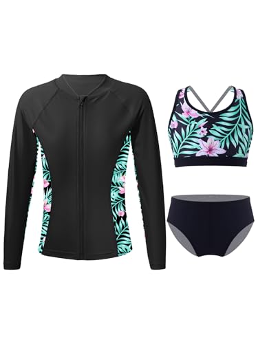 Fldy Mädchen UV Schutz Badeanzug Langarm Kinder Rash Guard Set Shirt Bikini Tankini Oberteil Slip Set Sonnenschutz Schwimmbekleidung Reißverschluss-Schwarz 134-140 von Fldy