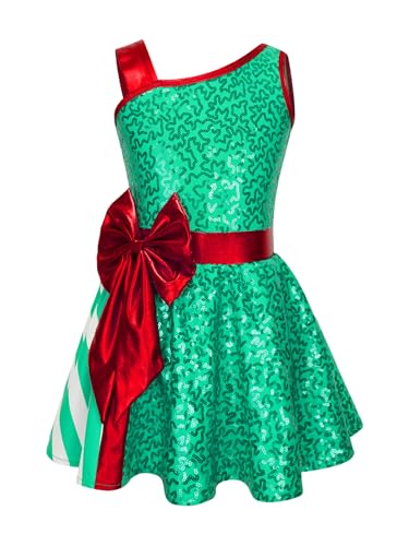 Fldy Mädchen Weihnachten Kleid Glitzer Pailletten Partykleid Tanzkleid Trikot Kinder Weihnachten Elf Kobold Tanzkleidung Grün 122-128 von Fldy