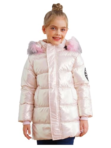 Fldy Mädchen Winterjacke Abnehmbare Fellkapuze Dicke Wintermantel Steppjacke Winddichte Warme Outdoor Oberbekleidung Gr. 110-170 Rosa 110-116 von Fldy