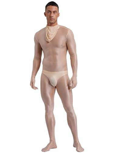 Fldy Männer Bodystocking Ouvert Nylon Herren Ganzkörper Strumpfhose Mit Kopfmaske Transparent Jumpsuit Einteiler Unterwäsche Nude XL von Fldy