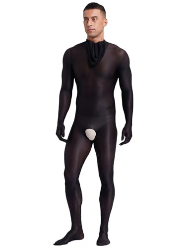 Fldy Männer Bodystocking Ouvert Nylon Herren Ganzkörper Strumpfhose Mit Kopfmaske Transparent Jumpsuit Einteiler Unterwäsche Schwarz M von Fldy