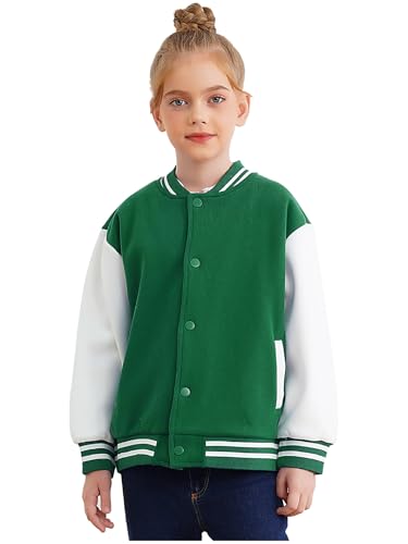Fldy Unisex Kinder Baseball Jacke Mädchen Jungen College Jacke Gefütterte Sport Freizeitjacke Mit Innenfleece Grün 122-128 von Fldy