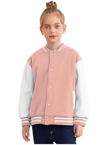 Fldy Unisex Kinder Baseball Jacke Mädchen Jungen College Jacke Gefütterte Sport Freizeitjacke Mit Innenfleece Rosa 134-140 von Fldy