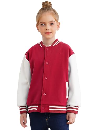 Fldy Unisex Kinder Baseball Jacke Mädchen Jungen College Jacke Gefütterte Sport Freizeitjacke Mit Innenfleece Rot 110-116 von Fldy