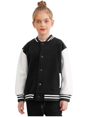 Fldy Unisex Kinder Baseball Jacke Mädchen Jungen College Jacke Gefütterte Sport Freizeitjacke Mit Innenfleece Schwarz 122-128 von Fldy