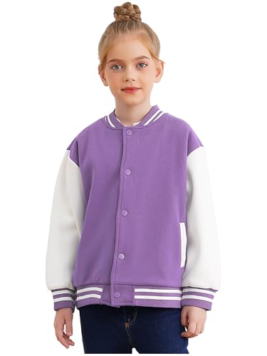 Fldy Unisex Kinder Baseball Jacke Mädchen Jungen College Jacke Gefütterte Sport Freizeitjacke Mit Innenfleece Violett 122-128 von Fldy
