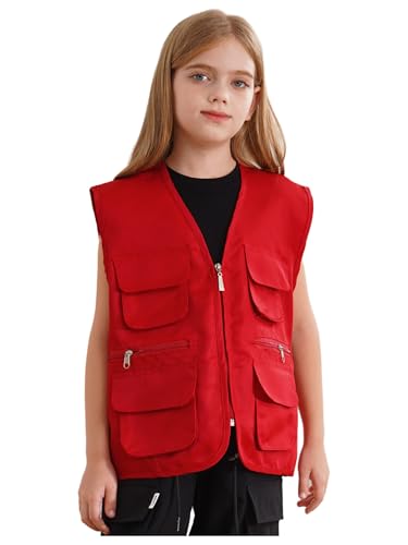 Fldy Unisex Kinder Outdoor Weste Mit Mehreren Taschen Multifunktionsweste Für Camping Trekking Fotoshooting Freiwilligen Aktivitäten Rot 134-140 von Fldy