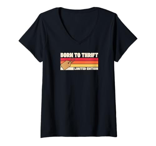 Damen Born To Thrift Limited Edition Retro 70er Jahre Camp Style Stripes T-Shirt mit V-Ausschnitt von Flea Market Thrifting Merch for Yard Sale Mornings