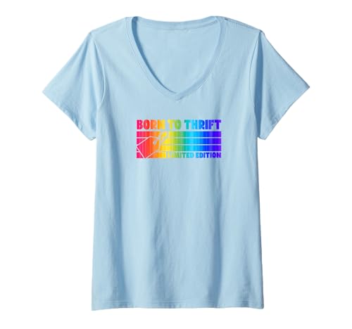 Damen Born To Thrift Limited Edition Retro 70er Jahre Camp Style Stripes T-Shirt mit V-Ausschnitt von Flea Market Thrifting Merch for Yard Sale Mornings