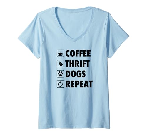Damen Coffee Thrift Dogs Repeat Life Simple Basic Thrifting T-Shirt mit V-Ausschnitt von Flea Market Thrifting Merch for Yard Sale Mornings