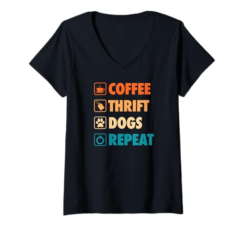 Damen Coffee Thrift Dogs Repeat Life Simple Basic Thrifting T-Shirt mit V-Ausschnitt von Flea Market Thrifting Merch for Yard Sale Mornings
