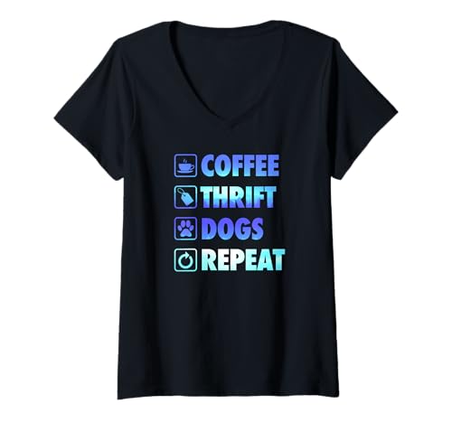 Damen Coffee Thrift Dogs Repeat Life Simple Basic Thrifting T-Shirt mit V-Ausschnitt von Flea Market Thrifting Merch for Yard Sale Mornings