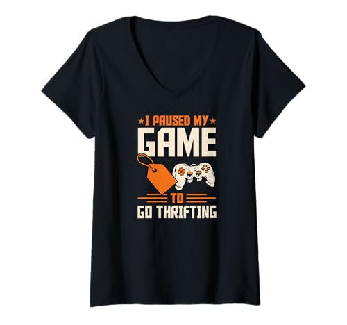 Damen Ich habe mein Spiel pausiert, um Thrifting Introvert Gamer zu machen T-Shirt mit V-Ausschnitt von Flea Market Thrifting Merch for Yard Sale Mornings