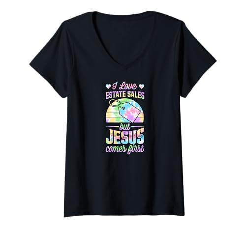 Damen Ich liebe Immobilienverkäufe, aber Jesus steht an erster Stelle. Lustiger Christ T-Shirt mit V-Ausschnitt Damen Ich liebe Immobilienverkäufe, aber Jesus steht an erster Stelle. Lustiger Christ T-Shirt mit V-Ausschnitt von Flea Market Thrifting Merch for Yard Sale Mornings