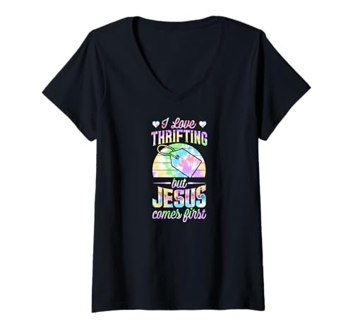 Damen Ich liebe es, sparsam zu sein, aber Jesus steht an erster Stelle. Lustiger Christ T-Shirt mit V-Ausschnitt von Flea Market Thrifting Merch for Yard Sale Mornings