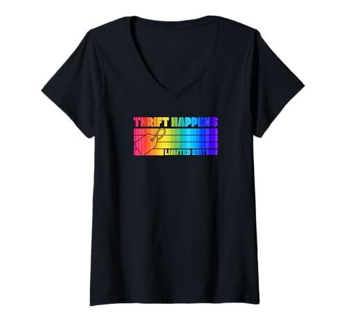Damen Thrift Happens Limited Edition Retro 70er Jahre Camp Style Stripes T-Shirt mit V-Ausschnitt von Flea Market Thrifting Merch for Yard Sale Mornings