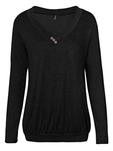 FLEASEE Damen Casual Langarm-T-Shirt V Ausschnitt Langarmshirt Bluse Lady Basic Longsleeve Oberteile Tops, Schwarz, M von FLEASEE