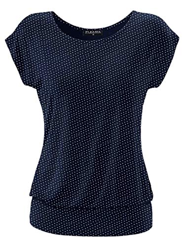 Fleasee Damen T-Shirt Kurz Ärmel Bluse Stretch Lässig Tunika Allover Druck Oberteile Top L Marine Gepunktet von FLEASEE