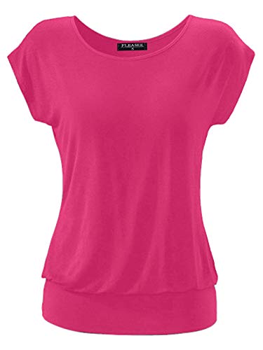 Fleasee Damen T-Shirt Kurz Ärmel Bluse Stretch Lässig Tunika Allover Druck Oberteile Top L Rose Rot von FLEASEE