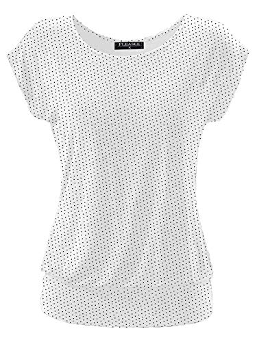 Fleasee Damen T-Shirt Kurz Ärmel Bluse Stretch Lässig Tunika Allover Druck Oberteile Top M Weiß Gepunktet von FLEASEE