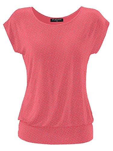 Fleasee Damen T-Shirt Kurz Ärmel Bluse Stretch Lässig Tunika Allover Druck Oberteile Top M Pink Gepunktet von FLEASEE