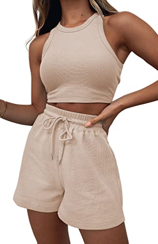 Damen Zweiteilige Lounge-Sets für Damen 2 Stück Shorts Outfits Sets Niedlich Ärmellos Crop Top und Shorts Sweatsuits Loungewear, Beige, Medium von Flechazo