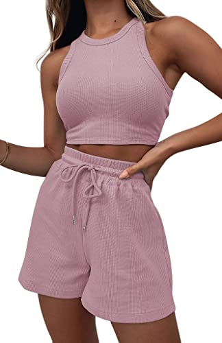 Damen Zweiteilige Lounge-Sets für Damen 2 Stück Shorts Outfits Sets Niedlich Ärmellos Crop Top und Shorts Sweatsuits Loungewear, Pink, Large von Flechazo