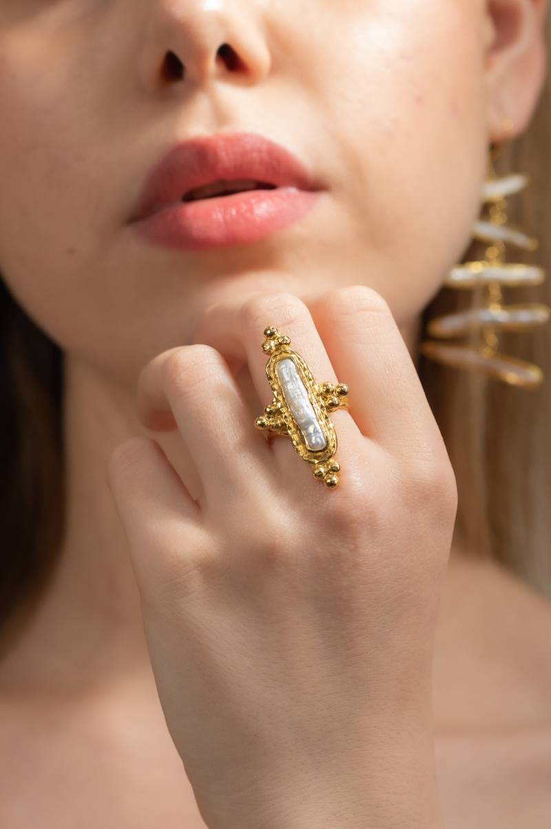 Süßwasser Perle Kreuz Ring 22K Gold Filled Statement Schmuck von Flechazojewelry