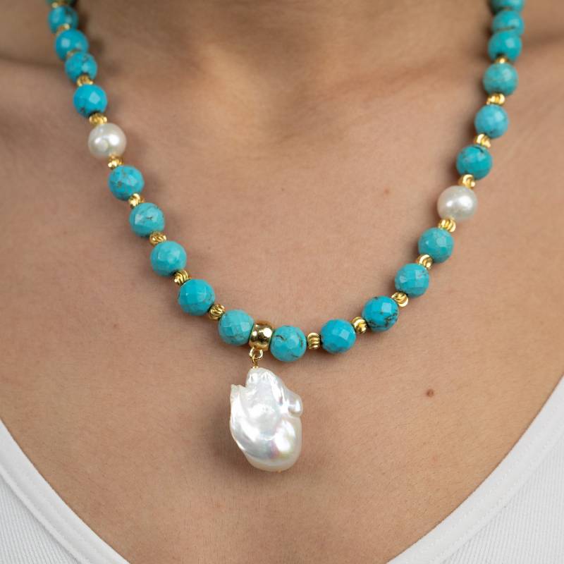 Türkis & Barockperlen Kette 22K Gold Filled Neujahrsgeschenk Für Sie von Flechazojewelry