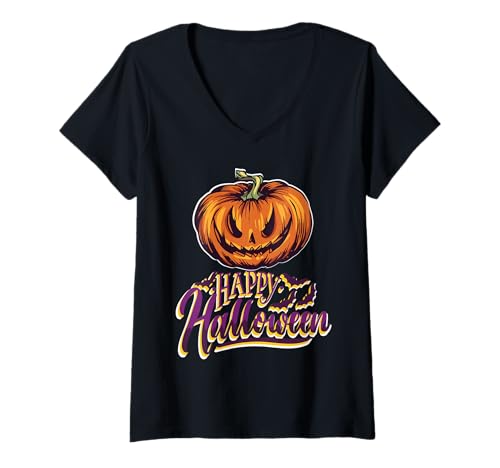 Damen Gruseliges Kürbisgesicht Fledermaus Halloween Witz T-Shirt mit V-Ausschnitt von Fledermäuse Kürbis Halloween Spaßfreunde