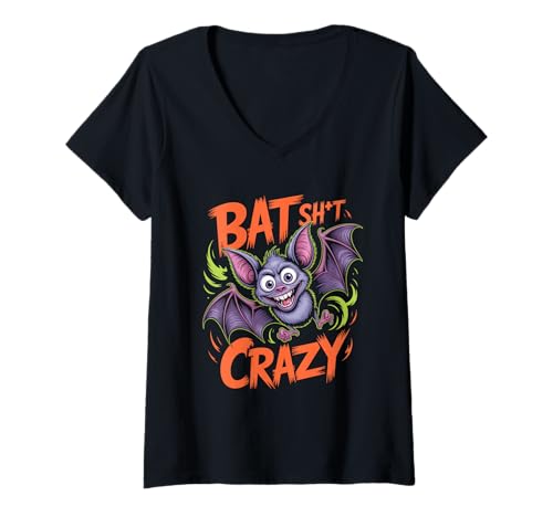 Damen Bat Sht Crazy Fledermaus Halloween Spruch Humor T-Shirt mit V-Ausschnitt Damen Bat Sht Crazy Fledermaus Halloween Spruch Humor T-Shirt mit V-Ausschnitt von Fledermaus Halloween Spruch Lustig Verrückt Party