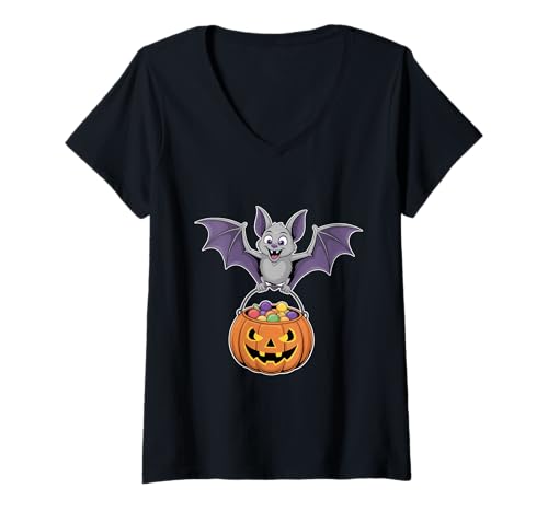 Damen Halloween Fledermaus Mit Kürbis Süßes Oder Saures T-Shirt mit V-Ausschnitt Damen Halloween Fledermaus Mit Kürbis Süßes Oder Saures T-Shirt mit V-Ausschnitt von Fledermaus Kürbis Laterne Halloween