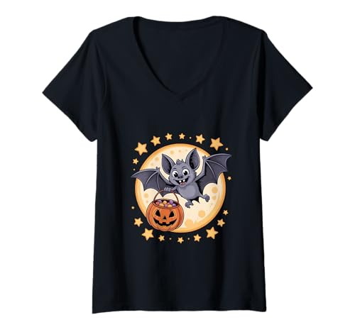 Damen Halloween Süßes Oder Saures Fledermaus Mit Kürbis T-Shirt mit V-Ausschnitt Damen Halloween Süßes Oder Saures Fledermaus Mit Kürbis T-Shirt mit V-Ausschnitt von Fledermaus Vollmond Sterne Halloween Kürbis Kids