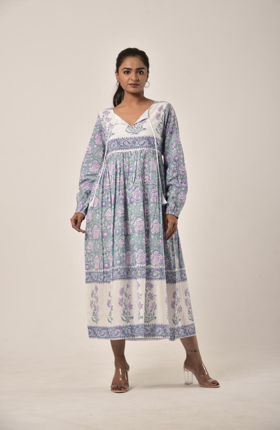 Sage Green Block Print Langes Kleid | Sommer Urlaub Baumwollkleid Maxikleid Mit Taschen von FledglingWings