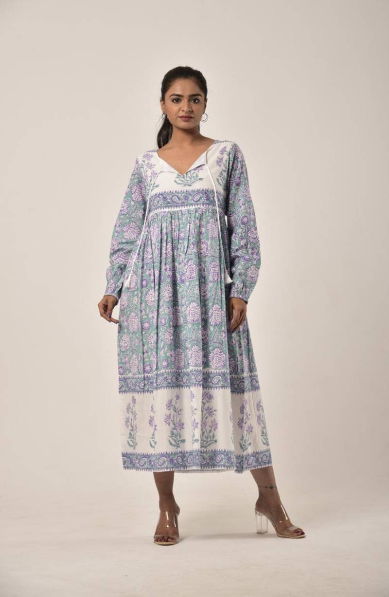 Sage Green Block Print Langes Kleid | Sommer Urlaub Baumwollkleid Maxikleid Mit Taschen von FledglingWings