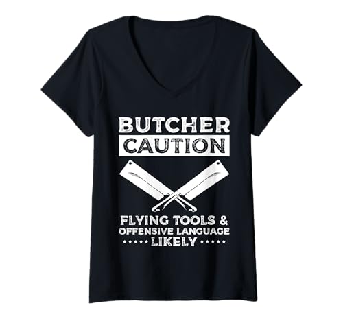 Damen Butcher Caution Meat Cutter Butcher T-Shirt mit V-Ausschnitt Damen Butcher Caution Meat Cutter Butcher T-Shirt mit V-Ausschnitt von Fleischer Fleisch Schneider Metzger