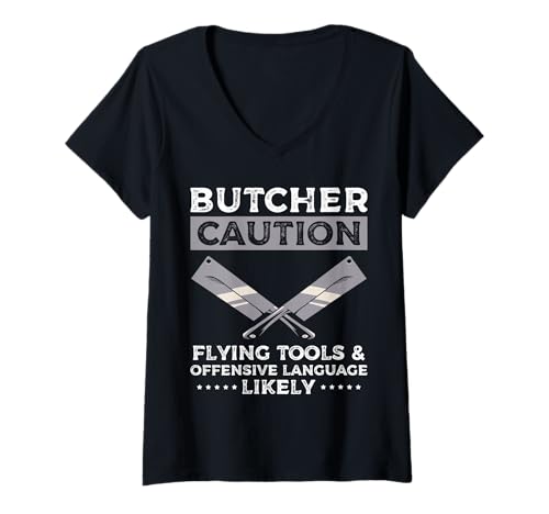 Damen Butcher Caution Meat Cutter Butcher T-Shirt mit V-Ausschnitt Damen Butcher Caution Meat Cutter Butcher T-Shirt mit V-Ausschnitt von Fleischer Fleisch Schneider Metzger