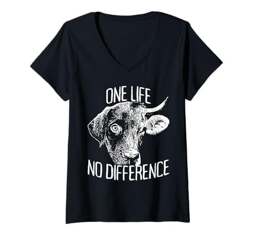 Damen One Life No Difference Vegan Vegetarier Tierliebe Veganer T-Shirt mit V-Ausschnitt von Fleischlos Veggie Tierlieb - Sprüche Für Veganer