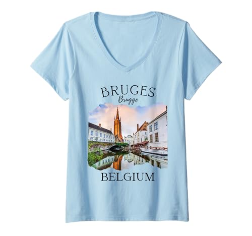 Damen Belgien Heritage Iconic Brügge Kanal Mittelalterliche Architektur T-Shirt mit V-Ausschnitt von Flemish culture Brussels Belgium Souvenir Travel