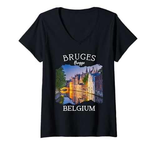 Damen Belgien Heritage Iconic Brügge Kanal Mittelalterliche Architektur T-Shirt mit V-Ausschnitt von Flemish culture Brussels Belgium Souvenir Travel