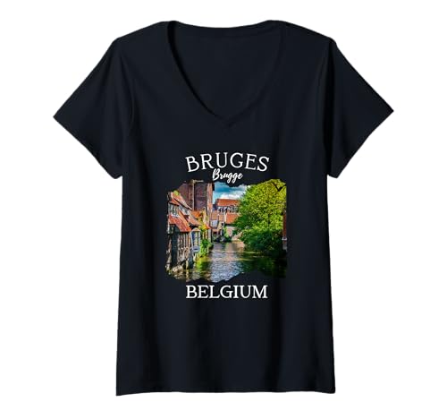 Damen Belgien Heritage Iconic Brügge Kanal Mittelalterliche Architektur T-Shirt mit V-Ausschnitt von Flemish culture Brussels Belgium Souvenir Travel